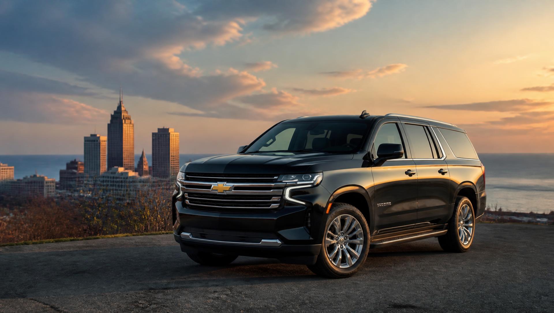 Luxury black SUVs and Sprinter van with the Cleveland airport and skyline at night