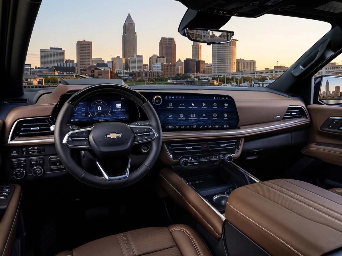Luxury SUV interior with the Cleveland skyline through the windshield