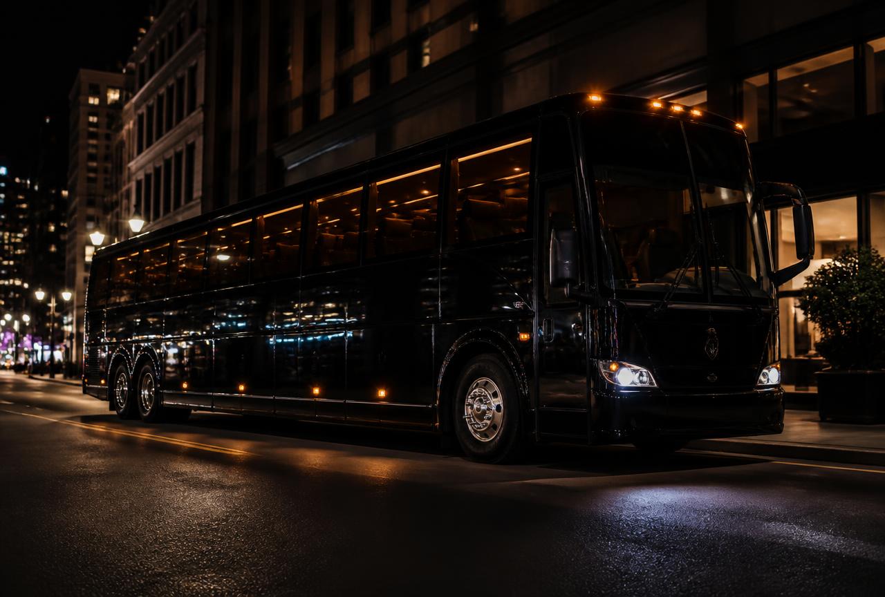 Black party bus parked on a Cleveland street at night for group celebrations